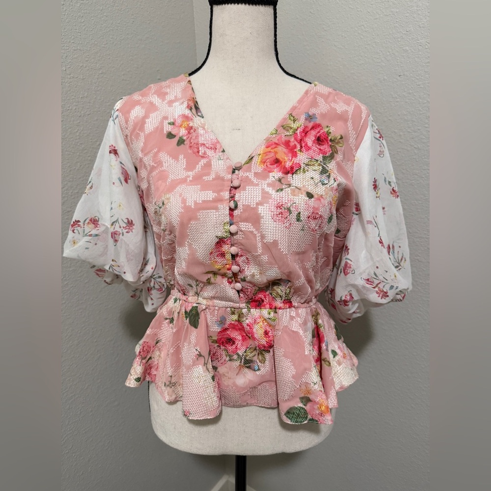 Hemant & Nandita/Anthropolgie Pink Rose Garden Blouse, Size M